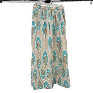 Nimo with Love Ikat Midi Skirt Turquoise Brown Linen Lagenlook Elastic Waist XS